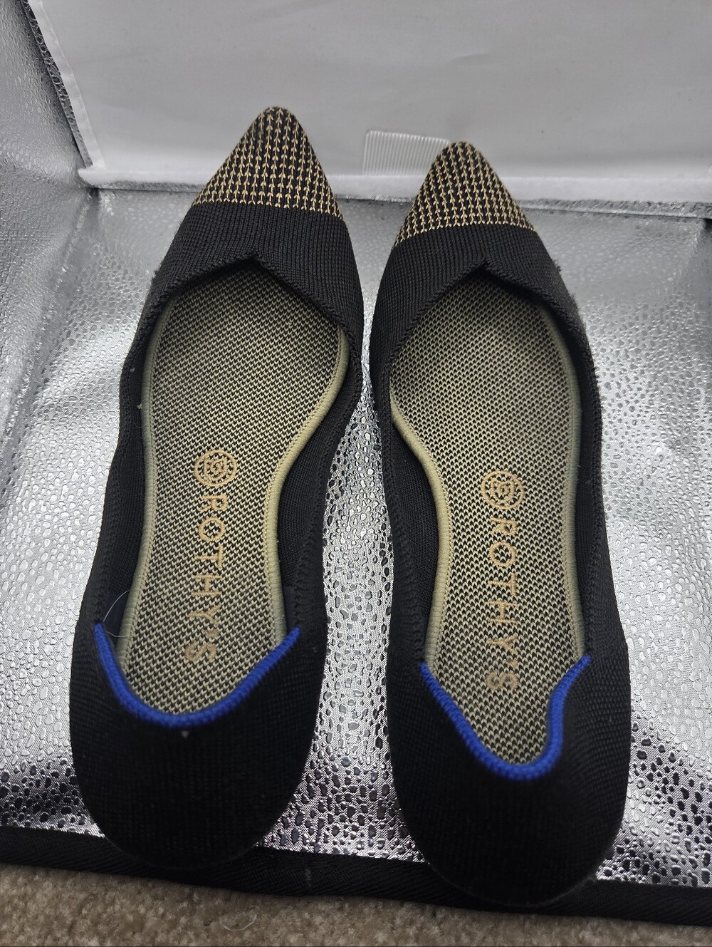 Rothys Black Pointed Toe Knit Flats with Gold Accent